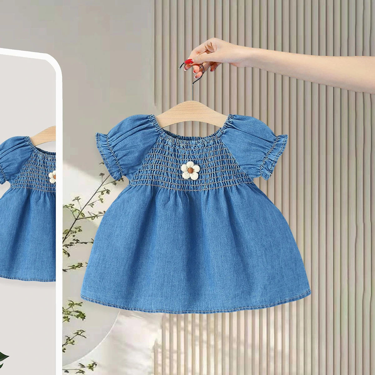 Girls Blue Denim Smocked Fit & Flare Casual Dress Casual Dresses Light Blue 1-2 Y