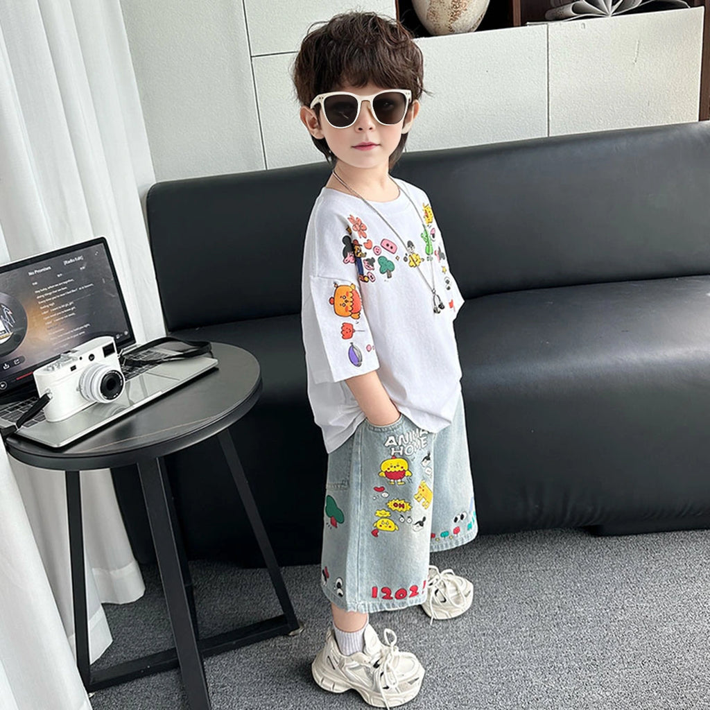 Boys White Graphics Oversized T-Shirt With Denim Cropped Pants Set Sets