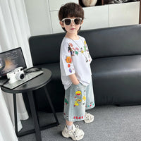 Boys White Graphics Oversized T-Shirt With Denim Cropped Pants Set Sets