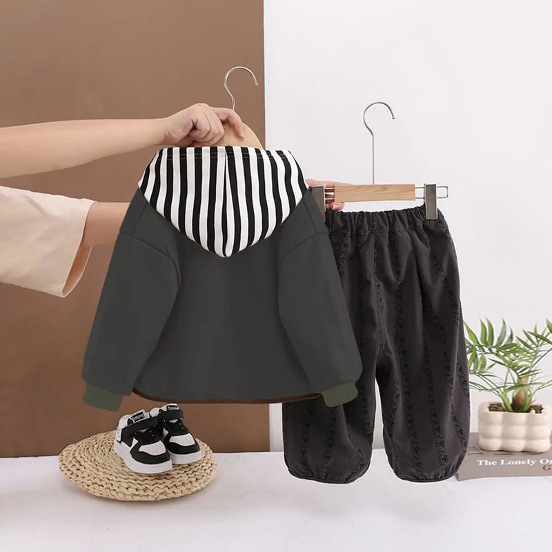 Boys Dark Grey Faux Lather Jacket With Hooded Sweatshirt & Pants Set Sets