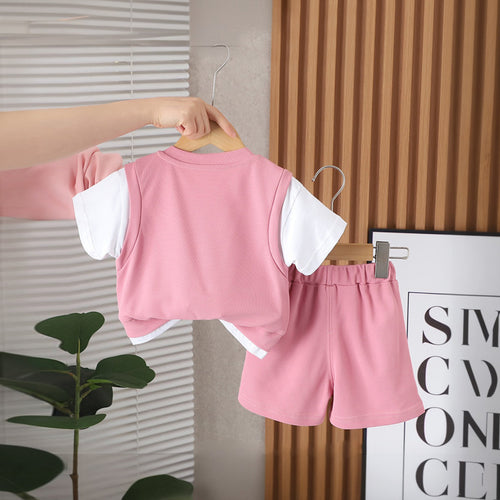 Boys Pink V-Neck Short Sleeve T-Shirt With Elasticated Shorts Set Sets