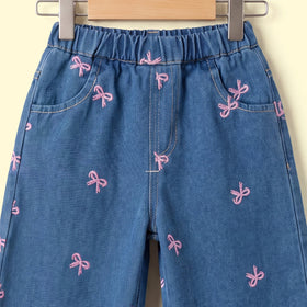 Girls Blue Bow Embroidered Denim Jeans Pants