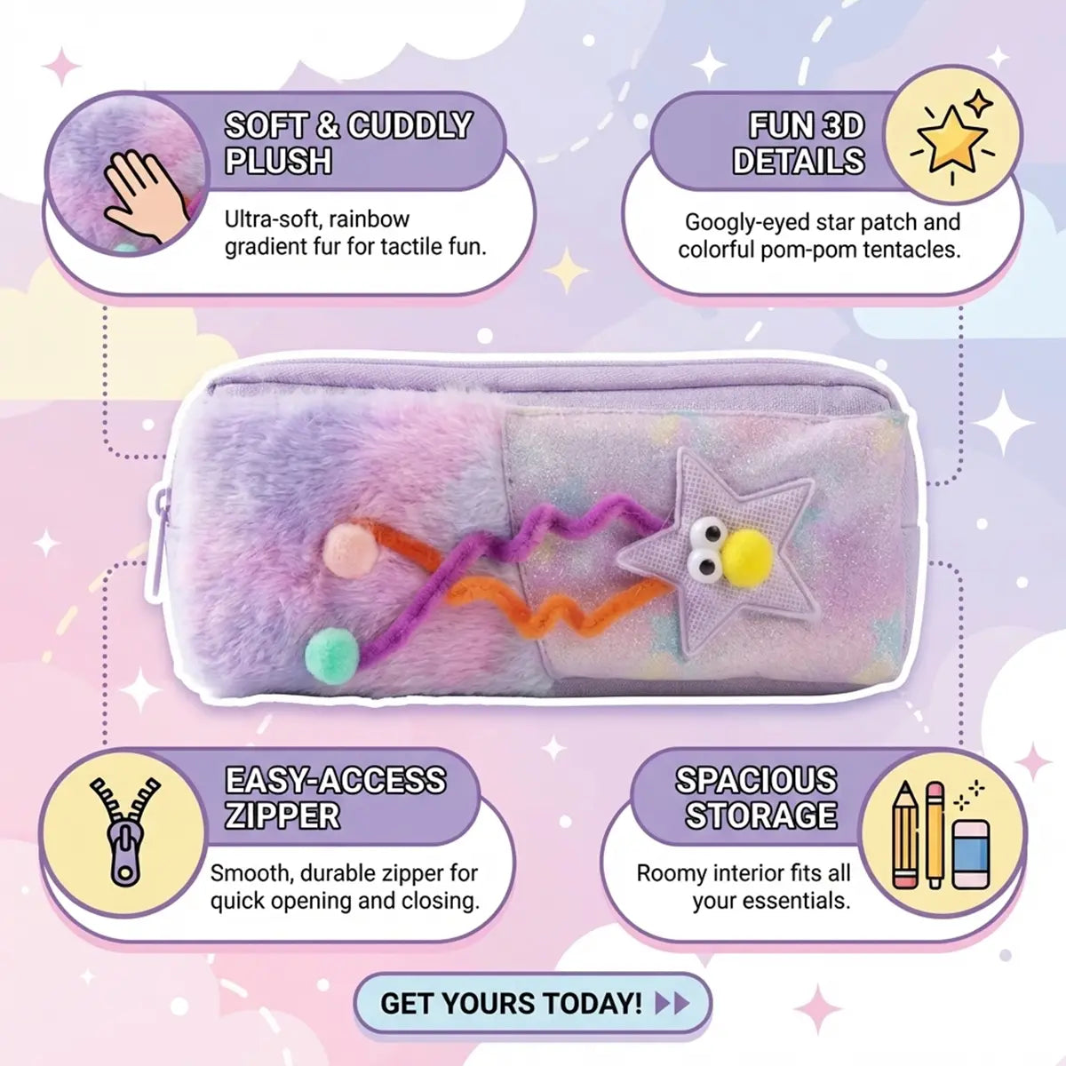 Cute Star Plush Pencil Case for Girls -Soft Fur Zipper Pencil Pouch for School Trending Accessories