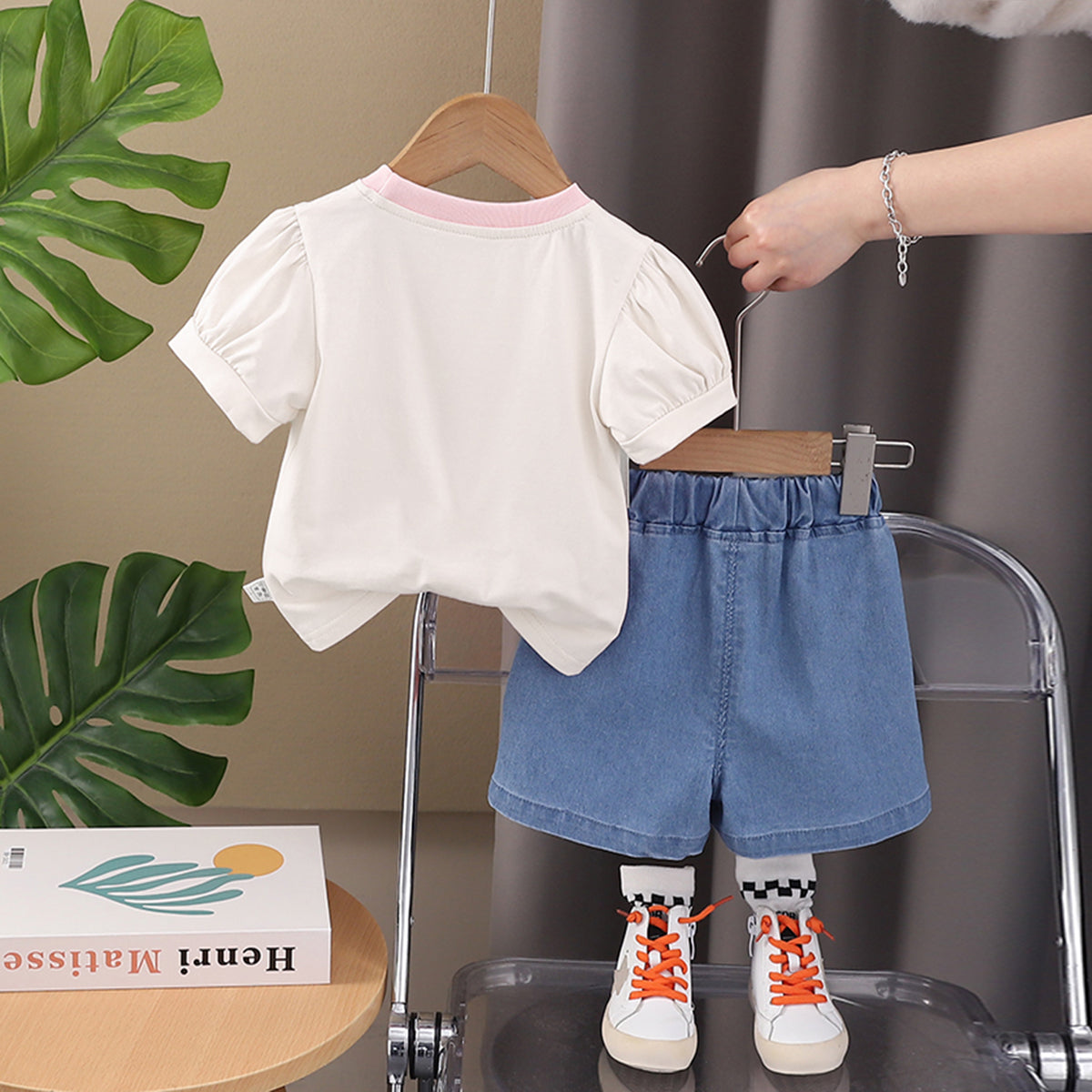 Girls Off White Flower Appliquéd Top With Denim Shorts Set 2 pc. Sets