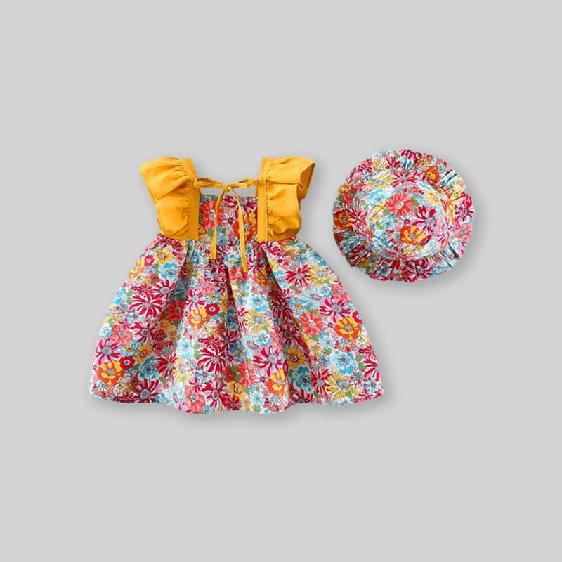 Girls Floral Print Casual Ruffle Dress with Hat Casual Dresses   