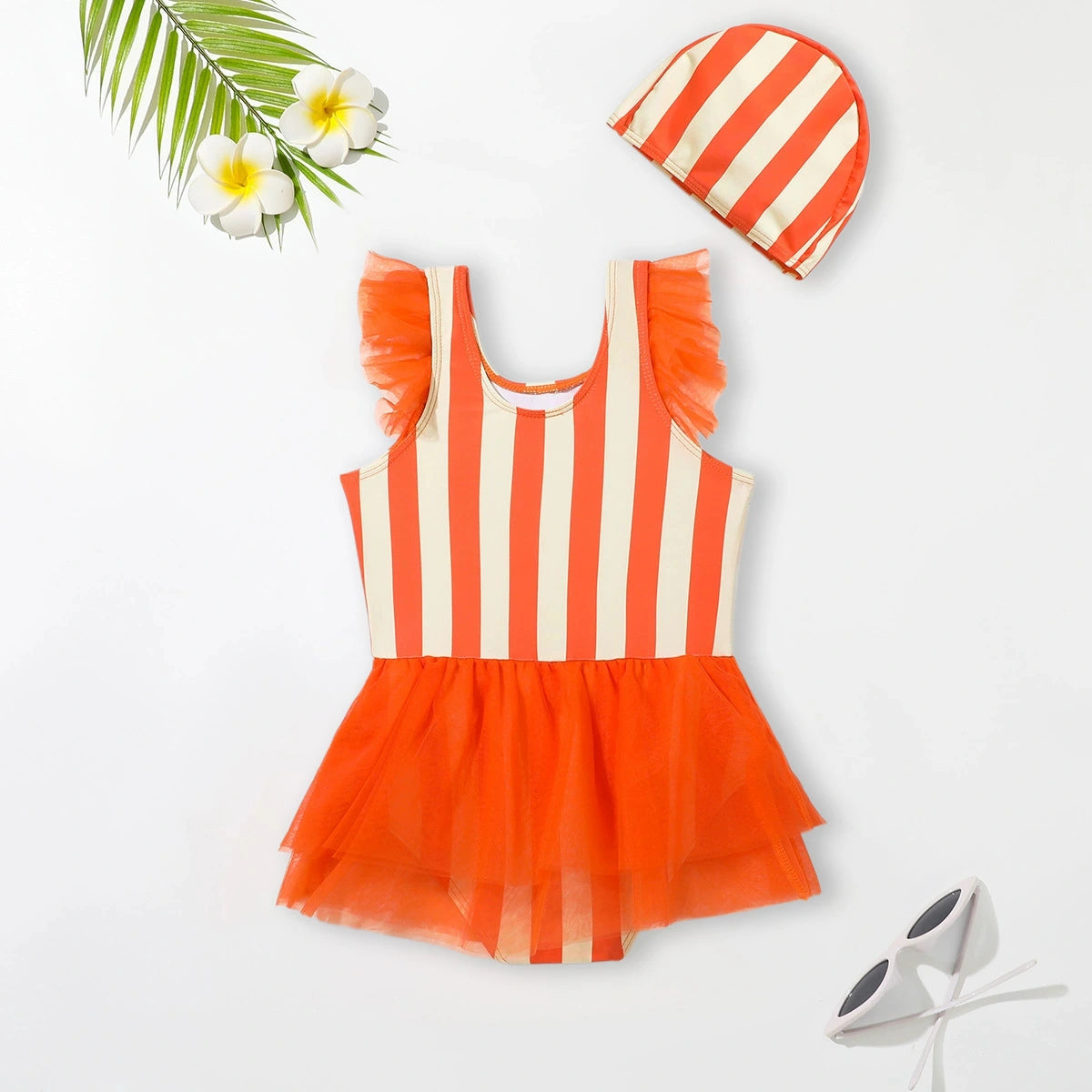 Girls Orange Stripes Tulle Overlay Swimwear Bodysuit With Cap Beachwear