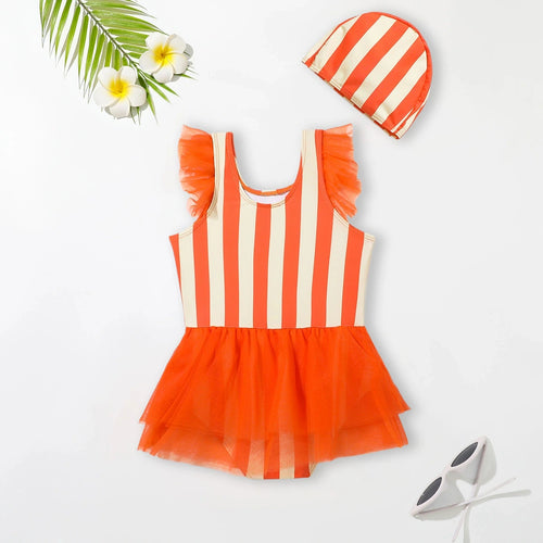 Girls Orange Stripes Tulle Overlay Swimwear Bodysuit With Cap Beachwear