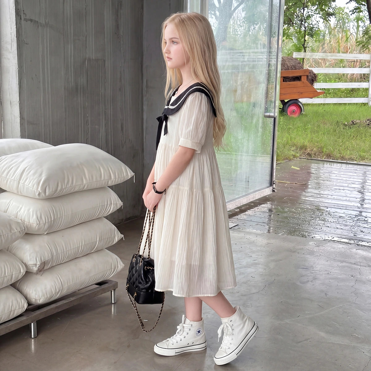 Girls Cream Puff Sleeve Tiered Dress Casual Dresses