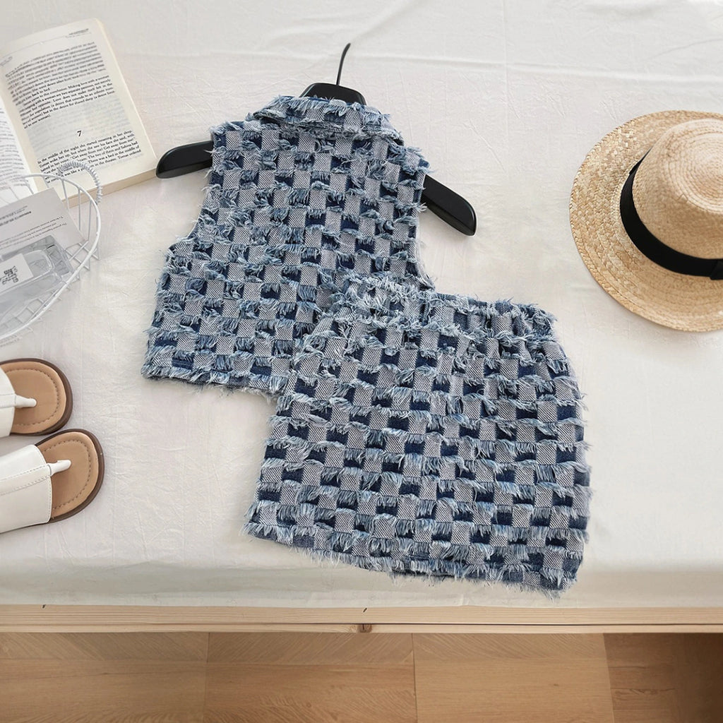Girls Blue Check Frayed Denim Sleeveless Top With Skirt Sets 2 pc. Sets