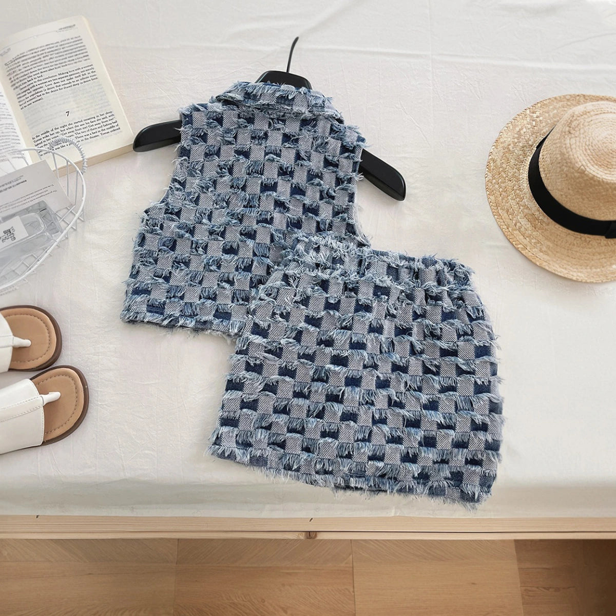 Girls Blue Check Frayed Denim Sleeveless Top With Skirt Sets 2 pc. Sets