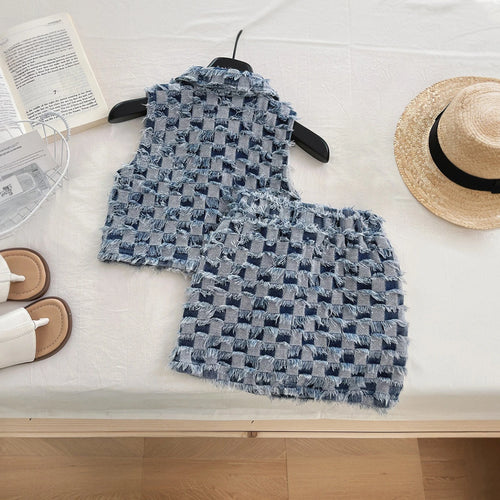 Girls Blue Check Frayed Denim Sleeveless Top With Skirt Sets 2 pc. Sets