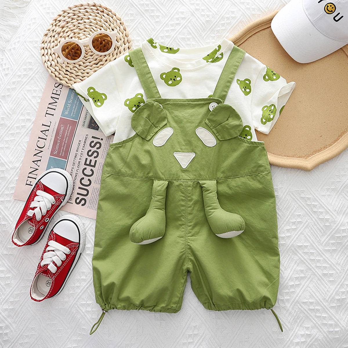 Boys Green Bear Printed Round Neck T-Shirt With 3D Teddy Bear Applique Dungaree Sets 2 pc. Sets Green 1-2 Y