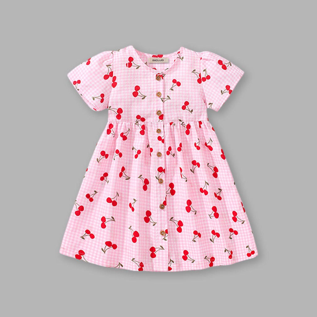 Girls Short Sleeves Cherry Print Fit & Flare Dress Casual Dresses   