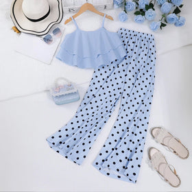 Girls Blue Sleeveless Top With Polka Dot Print Flared Pants Sets Sets Blue 7-8 Y