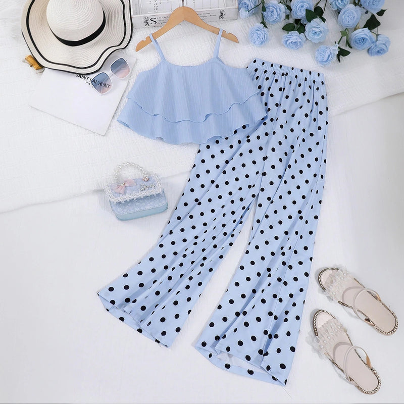 Girls Blue Sleeveless Top With Polka Dot Print Flared Pants Sets Sets Blue 7-8 Y