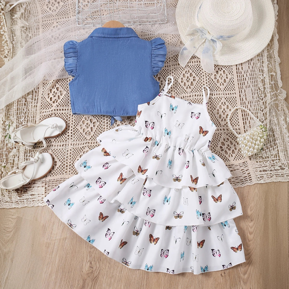 Girls White Butterfly Printed Sleeveless Layered Dress With Shrug Casual Dresses