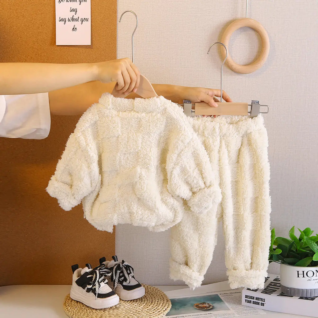 Boys Off White Fleece Self-Design Sweatshirt With Jogger Sets Sets