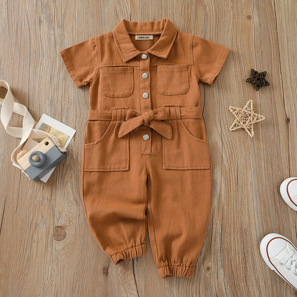 Girls Brown Solid Twill Jumpsuit Jumpsuits Brown 1-2 Y 