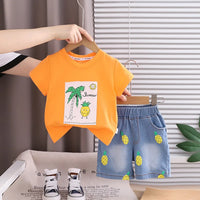 Boys Orange Pineapple Printed Round Neck T-Shirt With Denim Shorts Sets 2 pc. Sets Orange 1-2 Y