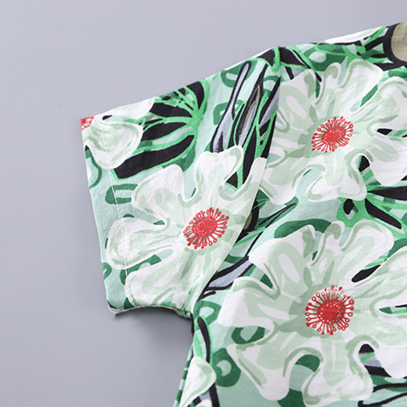 Boys Green Floral Printed Shirt With Neck Tie And Shorts Set Sets