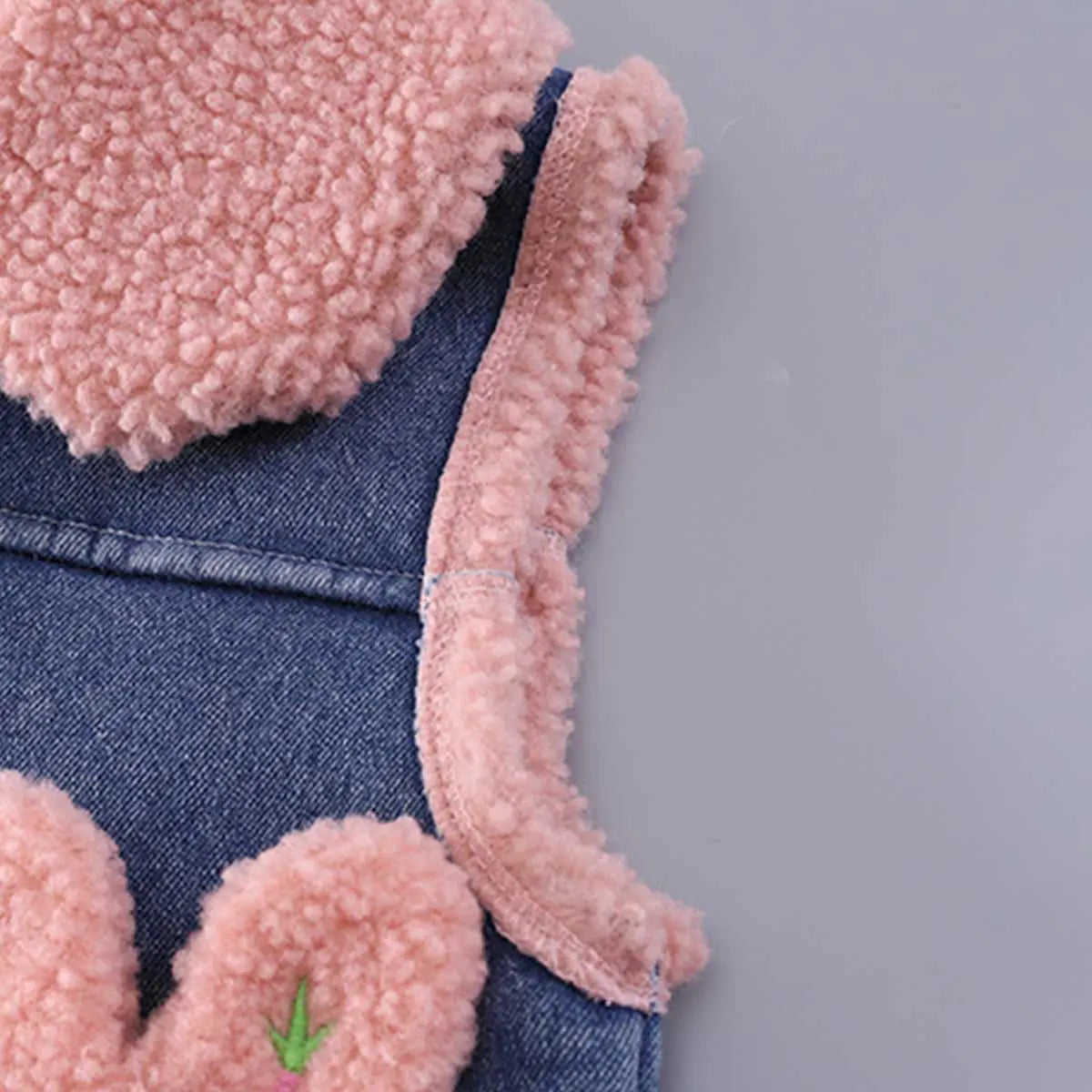 Girls Trendy Sleeveless Denim Jacket with Pink Fleece Lining & Bunny Applique Coats & Jackets