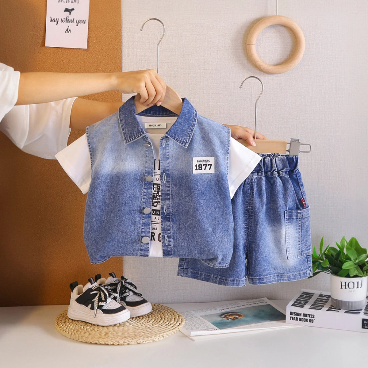 Boys Blue Denim Vest & Shorts With Printed T-Shirt Sets Sets Blue 1-2 Y