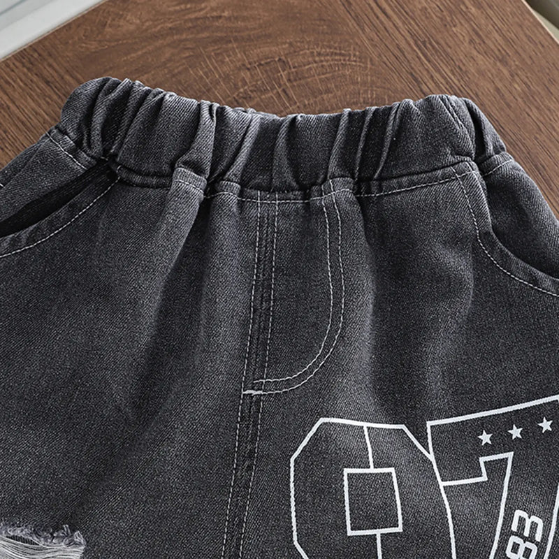 Boys Grey Tie-dye Printed T-Shirt With Denim Shorts Set Sets