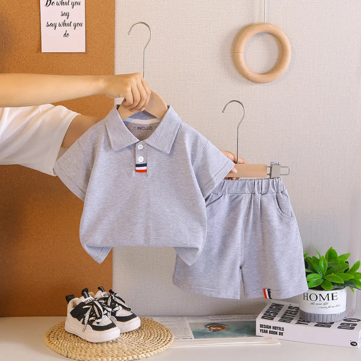 Boys Grey Short Sleeve Polo T-Shirt with Elasticated Shorts Clothing Sets 2 pc. Sets Grey 1-2 Y