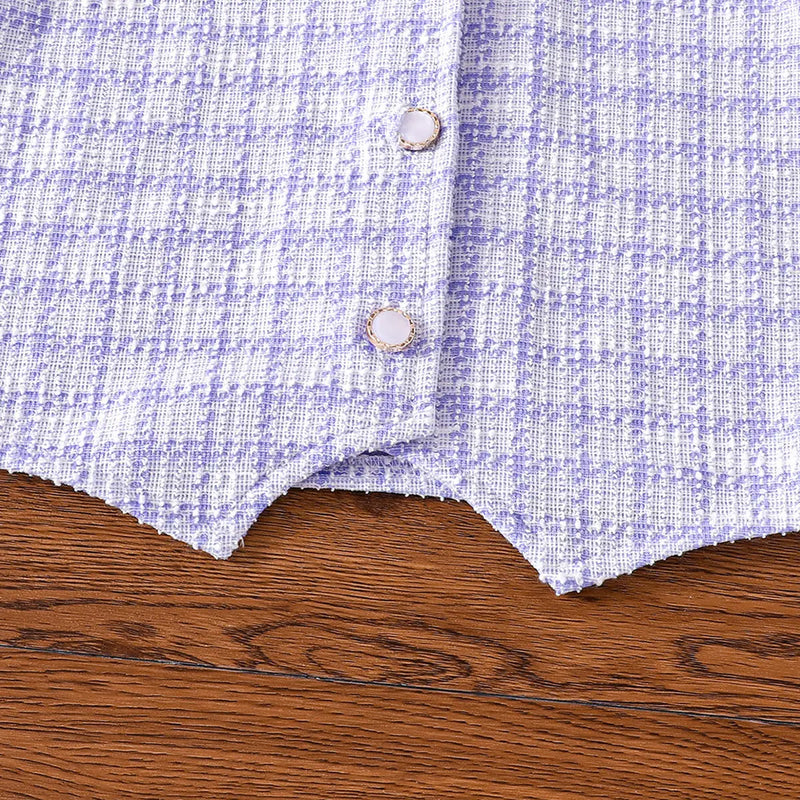 Girls Purple Checked Vest With Long Sleeves Top & Skirt Sets Sets