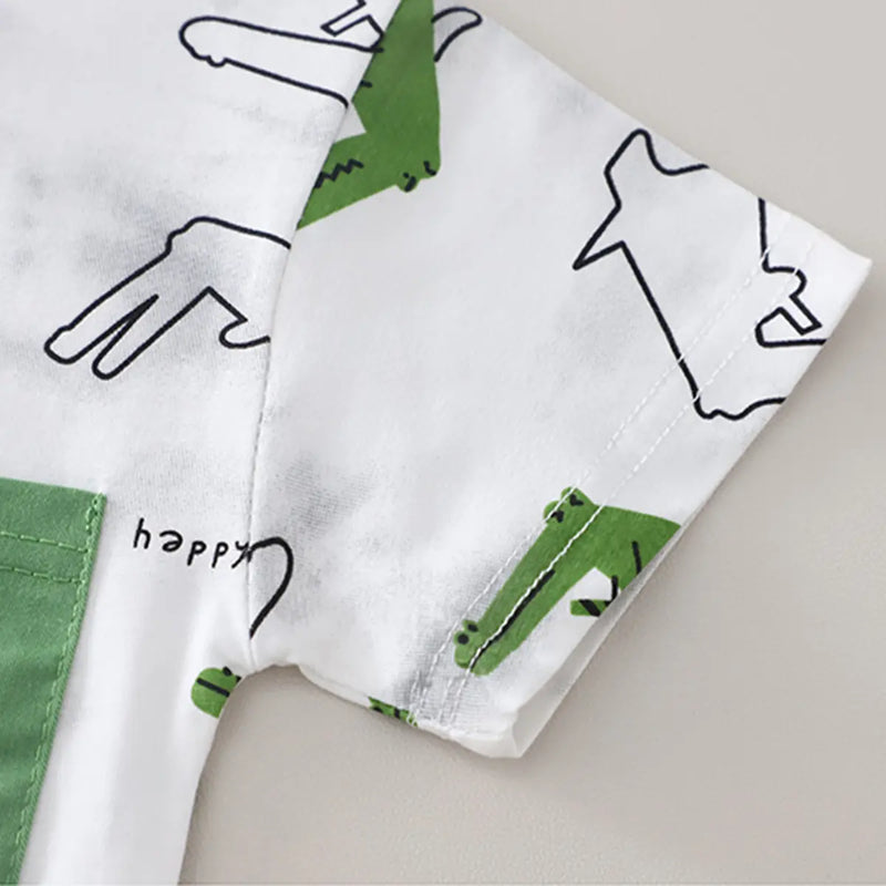 Boys Green Crocodile Printed Round Neck T-Shirt With Shorts Sets Sets