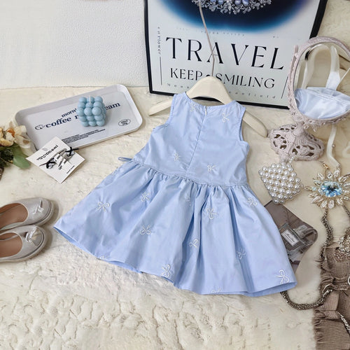 Girls Light Blue Sleeveless Bow Embroidered Fit & Flare Dress Casual Dresses