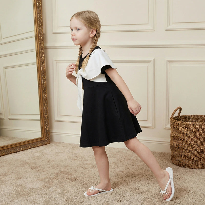 Girls Black Solid A-line Dress With Contrast Large Bow Details Casual Dresses