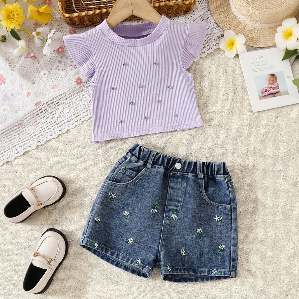 Girls Lilac Embellished Top With Floral Embroidered Denim Shorts Set Sets Lilac 2-3 Y