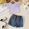 Girls Lilac Embellished Top With Floral Embroidered Denim Shorts Set Sets Lilac 2-3 Y