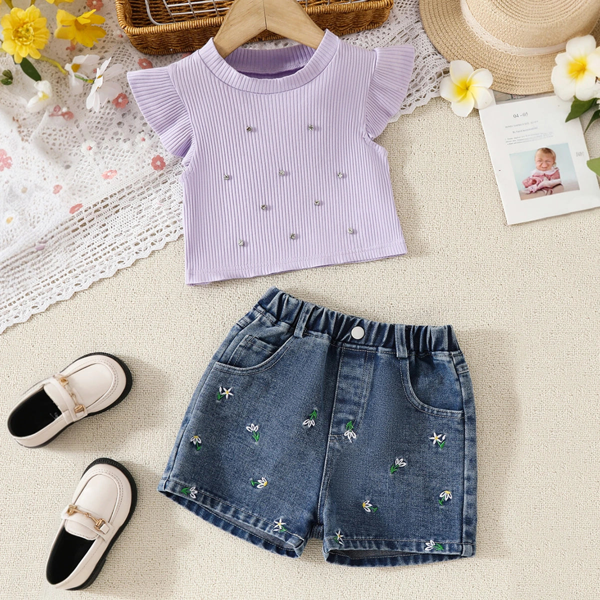 Girls Lilac Embellished Top With Floral Embroidered Denim Shorts Set Sets Lilac 2-3 Y