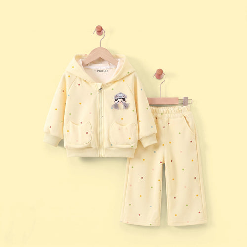Girls Yellow Polka Dot Print Hooded Jacket With Pants Sets 2 pc. Sets Yellow 2-3 Y