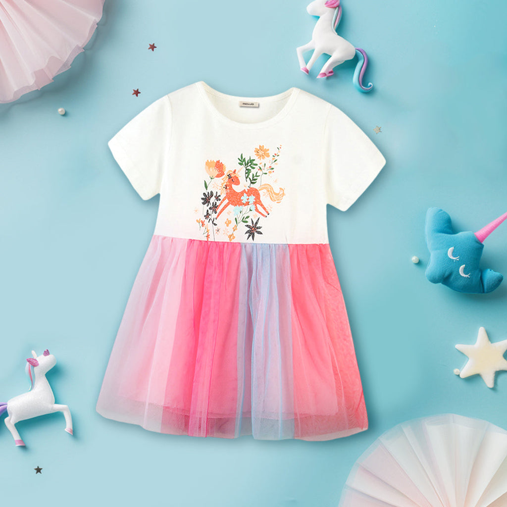 Girls Short Sleeve Unicorn Print Fit & Flare Dress