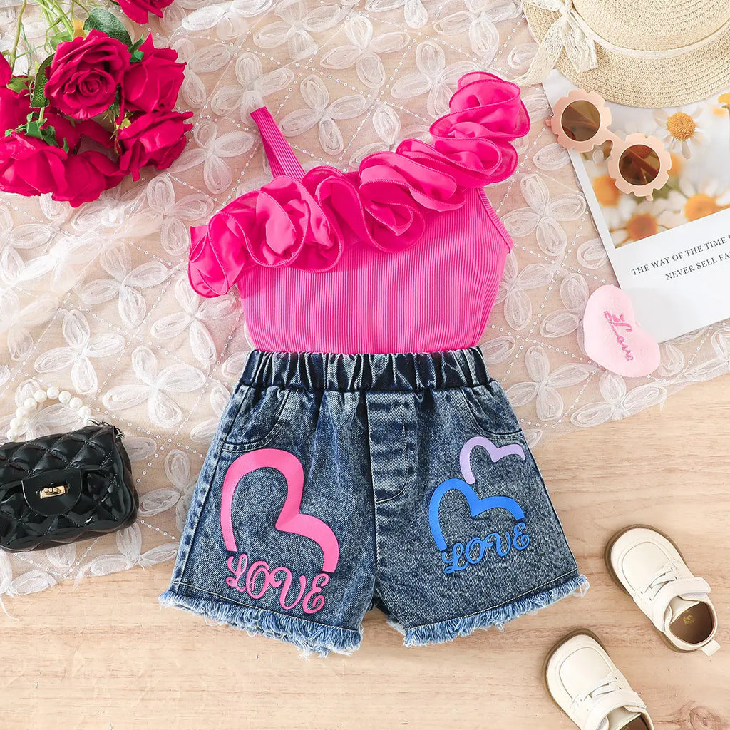 Girls Fuchsia Ruffle One-Shoulder Top With Heart Printed Denim Shorts Sets Sets Fuchsia 2-3 Y
