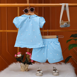 Girls Sky Blue Heart Printed Top With Matching Shorts Sets Sets