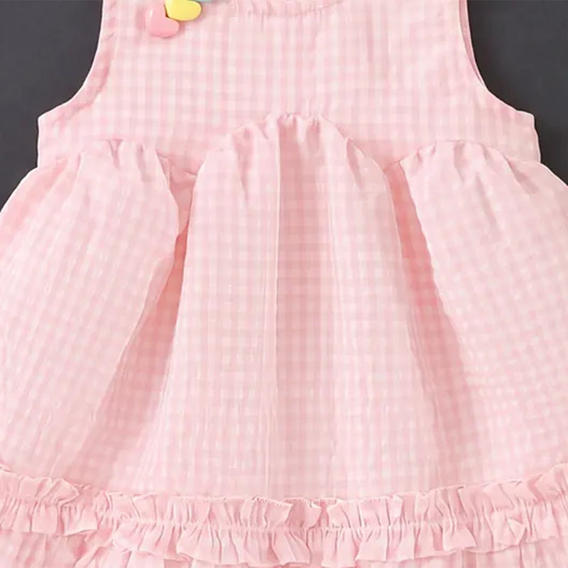 Girls Light Pink Checked Fit & Flare Dress With Ruffle Detail Casual Dresses
