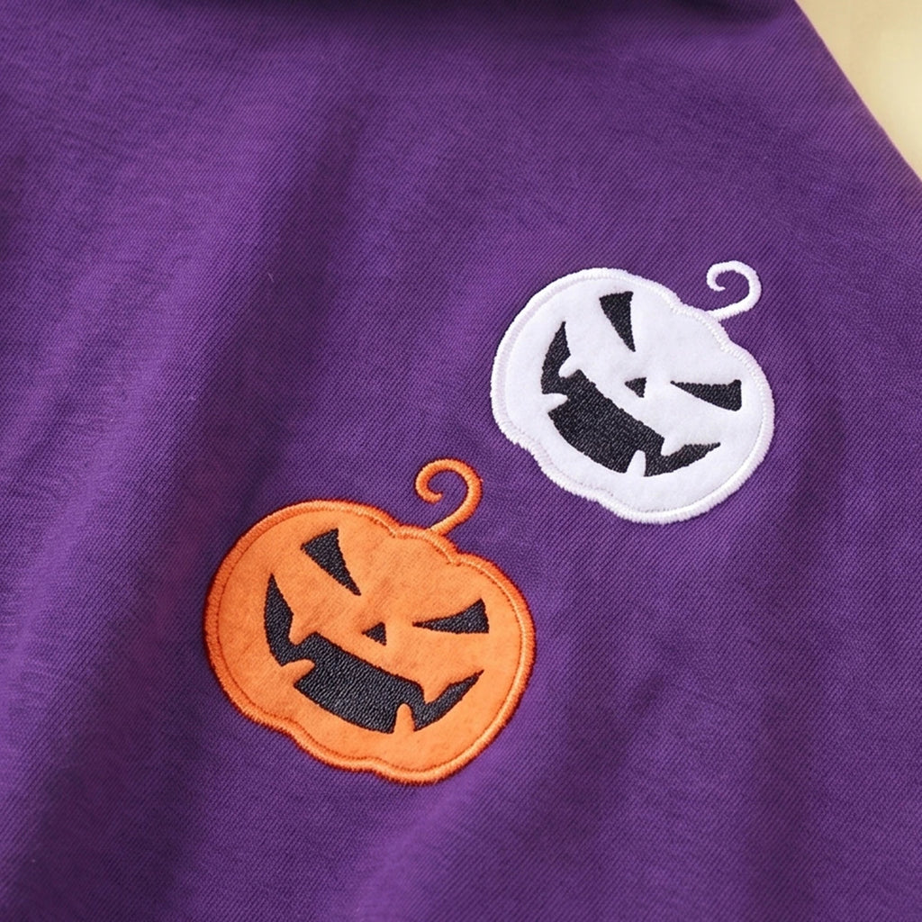 Girls Purple Halloween Pumpkin Print Dress with Hooded Cape Casual Dresses