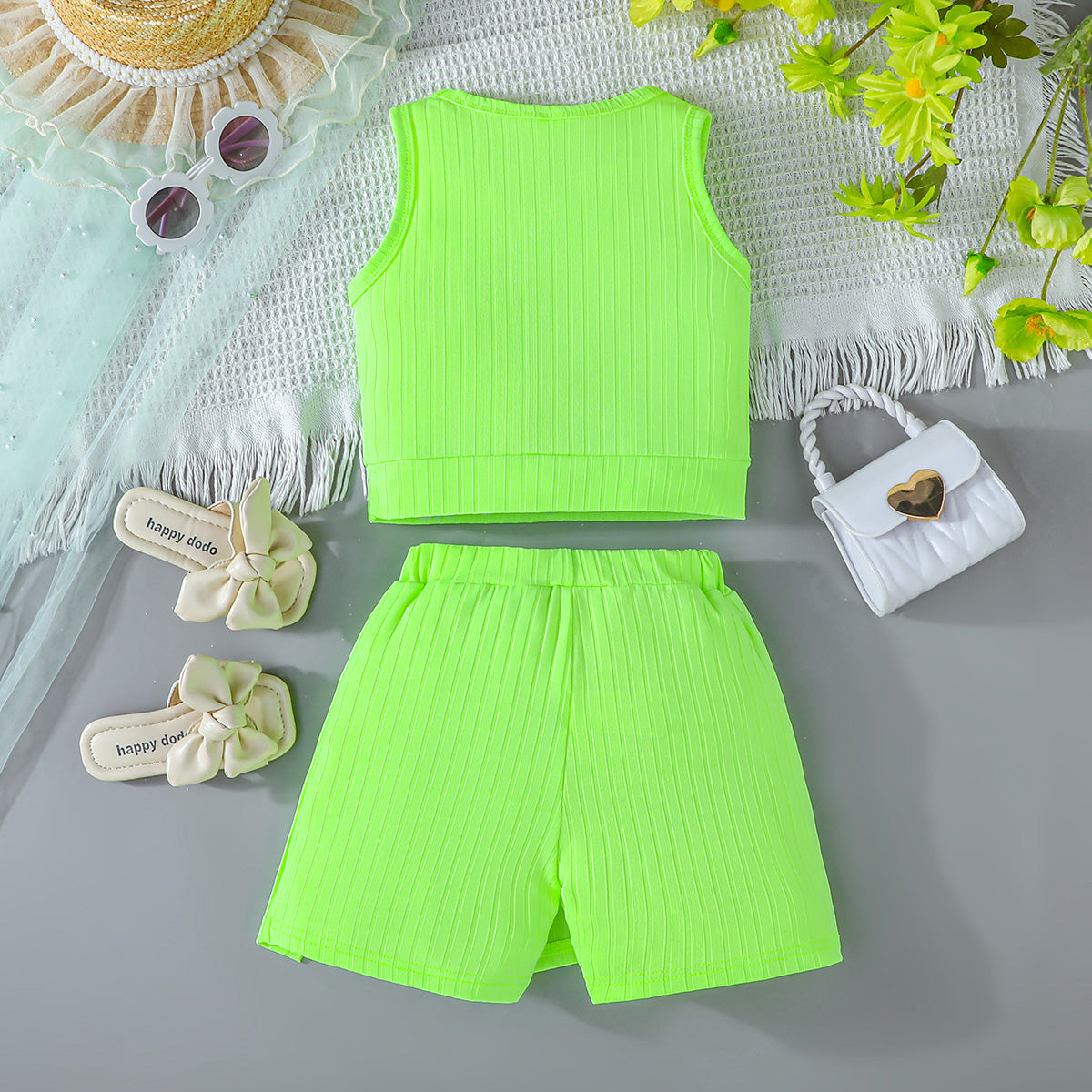Girls Neon Green Sleeveless Top With Skorts Set 2 pc. Sets