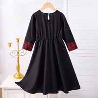 Girls Black Geometric Print Round Neck Fit & Flare Dress Casual Dresses