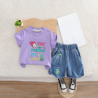 Boys Purple Typographic Printed T-Shirt With Denim Shorts Set 2 pc. Sets Purple 1-2 Y