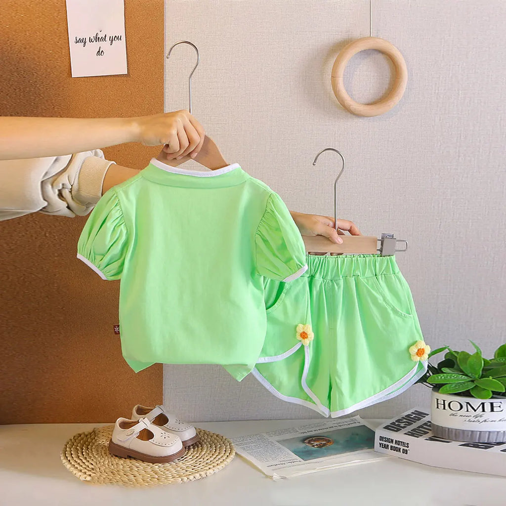 Girls Light Green Flower Applique Top With Shorts Co-ord Sets Sets