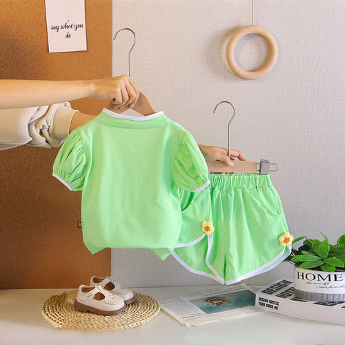 Girls Light Green Flower Applique Top With Shorts Co-ord Sets Sets