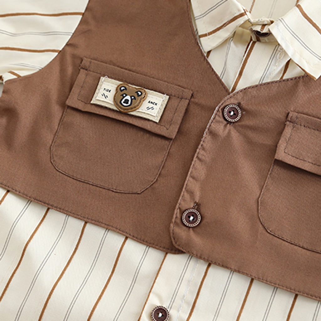 Boys Brown Stripe Short Sleeves Pocket Flap Shirt With Shorts Set 2 pc. Sets