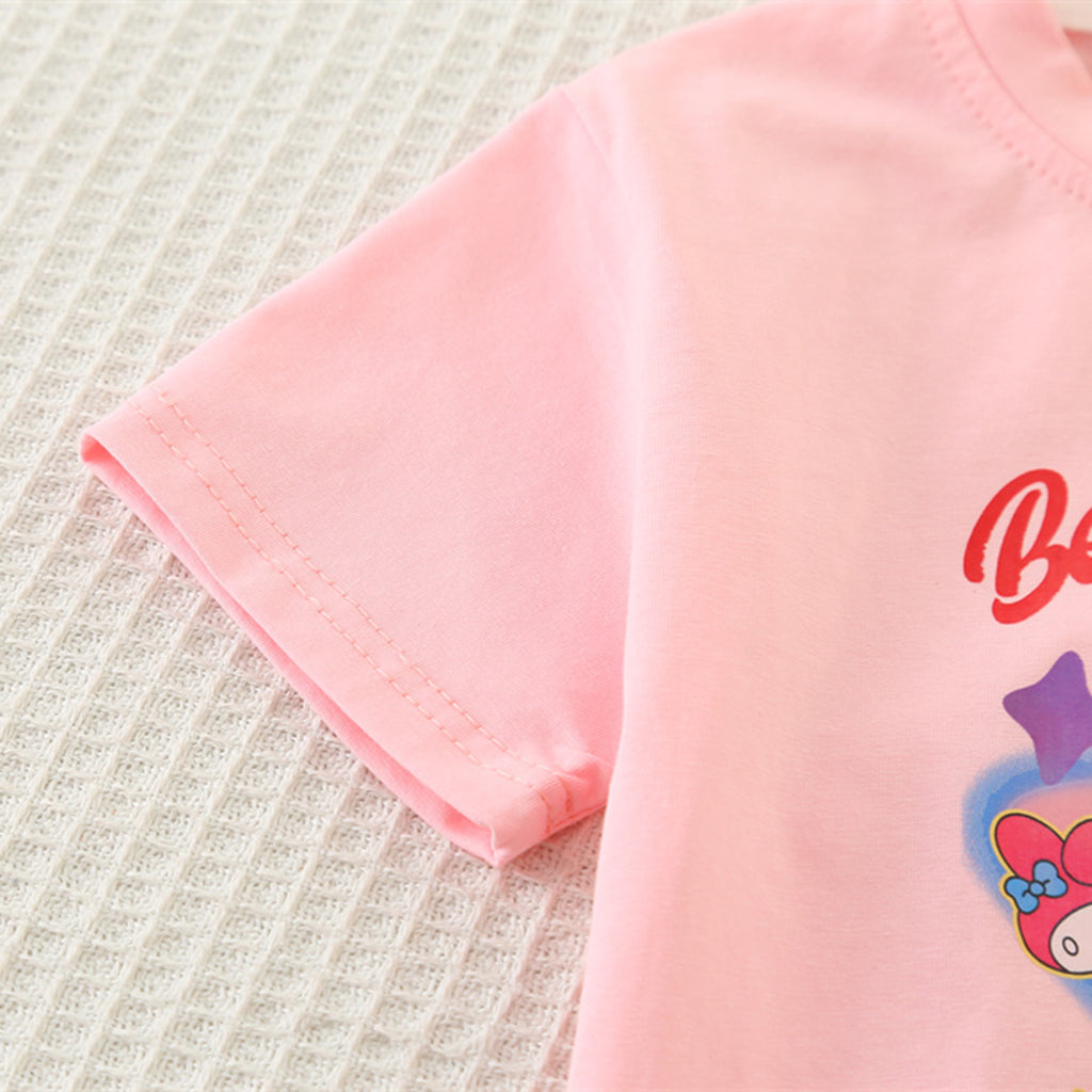 Boys Pink Cartoon Printed Short Sleeves T-Shirt With Denim Shorts Set 2 pc. Sets