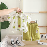 Boys Green Dino Printed Shirt With attached Tie & Shorts Set