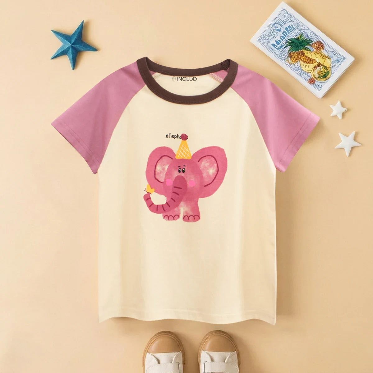 Girls Cream Elephant Print Raglan Sleeve T-Shirt Tshirts Cream 1-2 Y